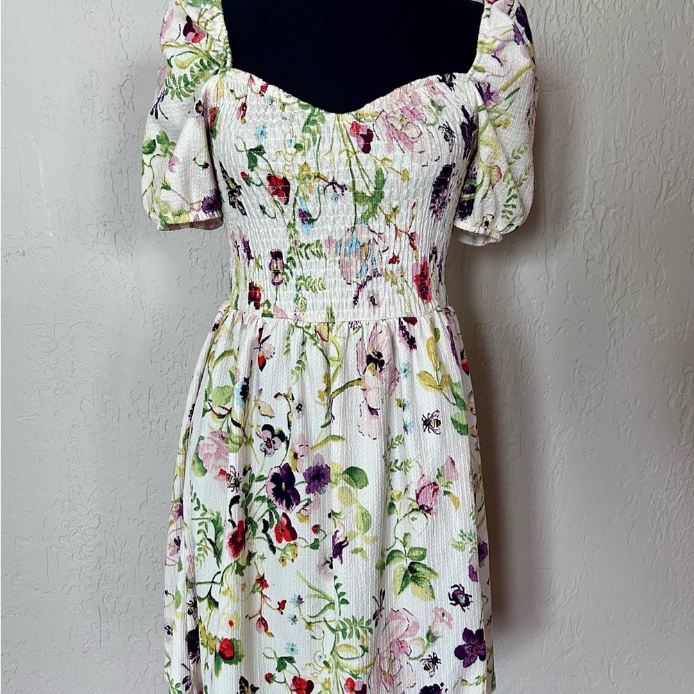 H&M Floral Print Midi Dress with Puff Sleeves